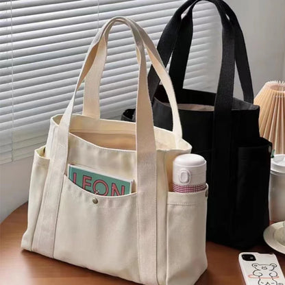 Canvas Women's Shoulder Bag Large Capacity Multiple Outer Pocket Zipper Tote Bag Student Handbag Shopping