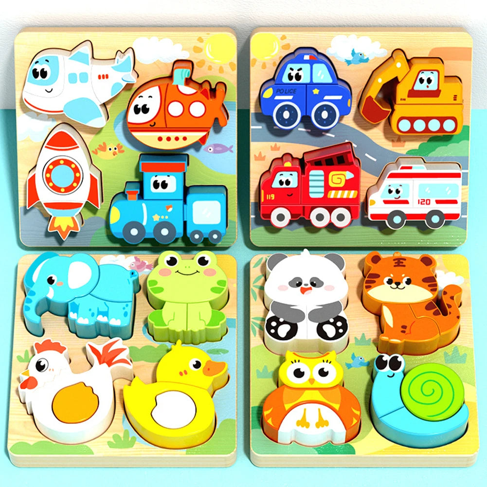 4-in-1 Wooden Toys 3D Wood Puzzle Cartoon Animals Cognitive Jigsaw Puzzle Early Learning Educational Toys For Children Gift RELUX.STORE