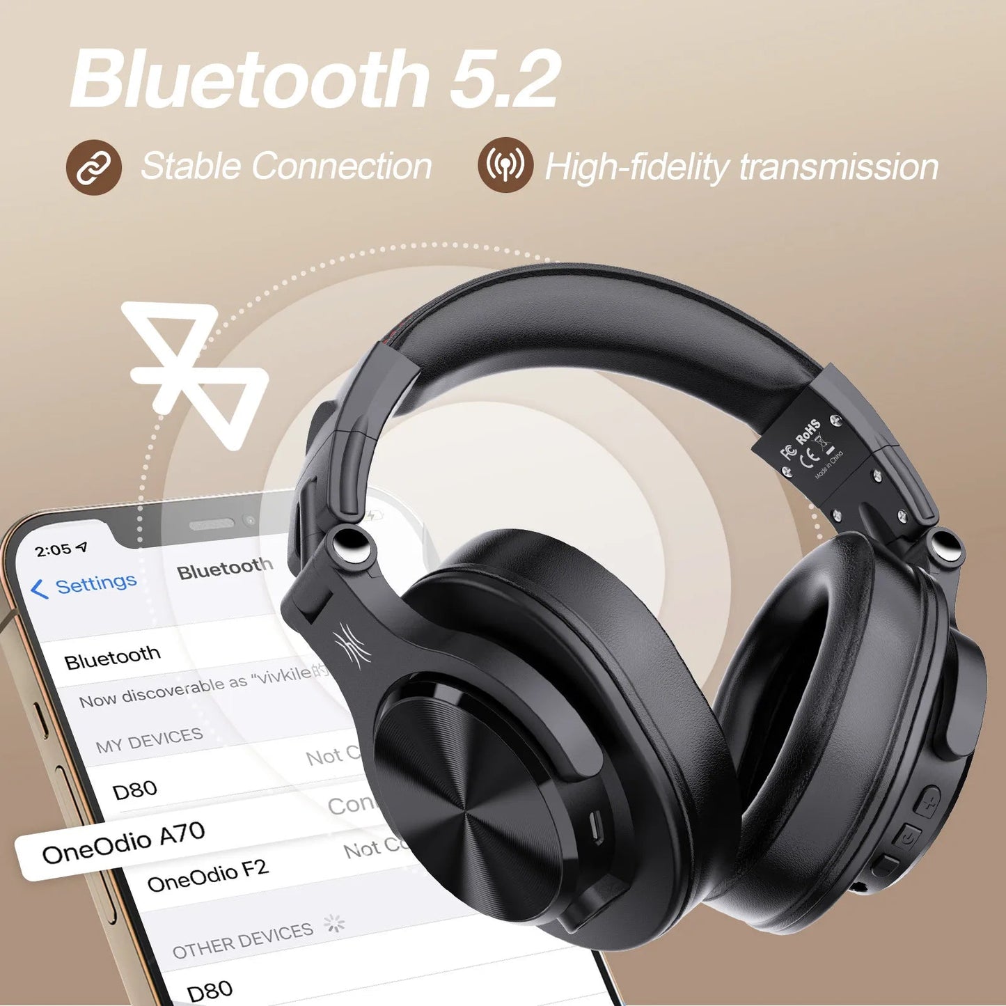 Oneodio Fusion A70 Wireless Bluetooth Headphones Bluetooth 5.2 Headphones Hi-Res Audio Over Ear 72H Playtime Professional Stud RELUX.STORE