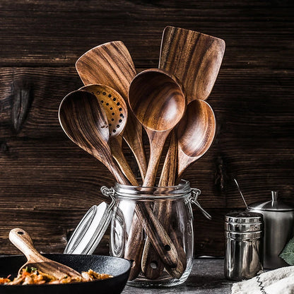Thailand Teak Natural Wooden Tableware Cooking Ladle Turner Long Rice Colander Soup Skimmer Cooking Spoons Scoop Kitchen Tool