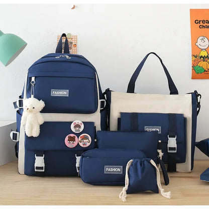 Five-Piece Set Large Capacity Fashionable Double Shoulder Backpack for Junior And High School Girls Primary School Students