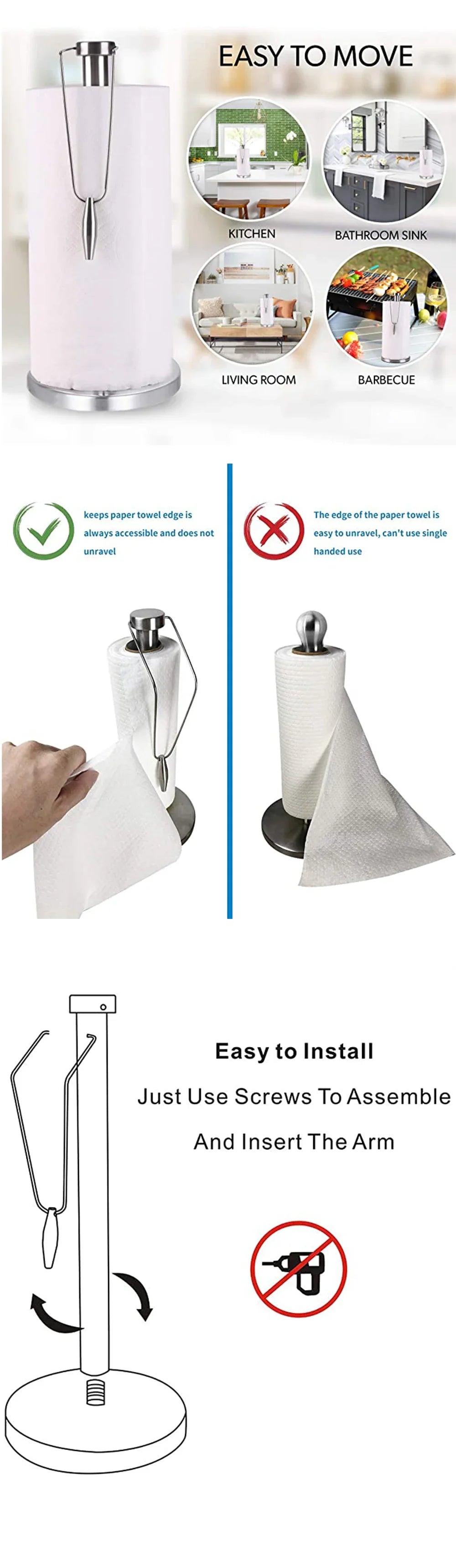 1 PC Paper Towel Holder, Stainless Steel Standing Paper Towel Organizer Roll Dispenser for Kitchen Countertop Home Dining Table