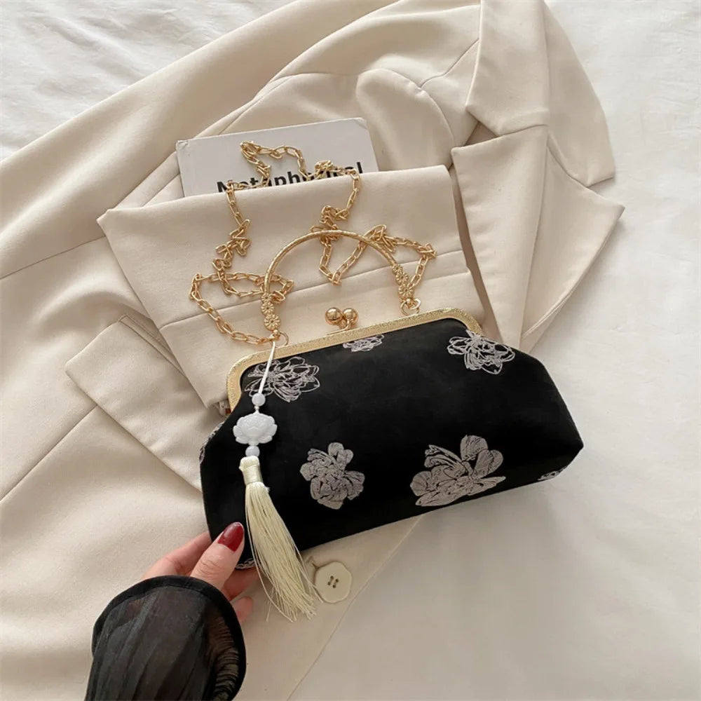 Flower Pattern Chinese Style Handbag Cheongsam Accessories Elegant Hanfu Clutch Bag Single Shoulder with Pendant RELUX.STORE
