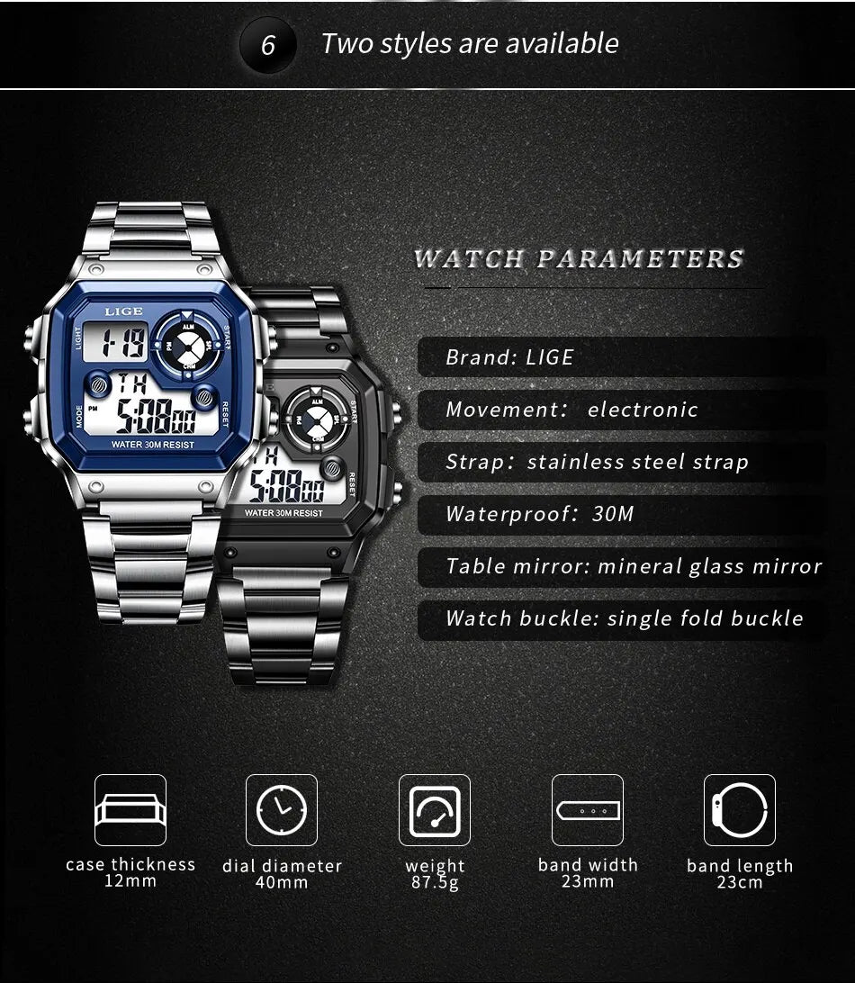 LIGE 2023 NEW Luxury Brand Men Watch Military Digital Watches Sport Wristwatch Mens Waterproof Clock Male Relogio Masculino