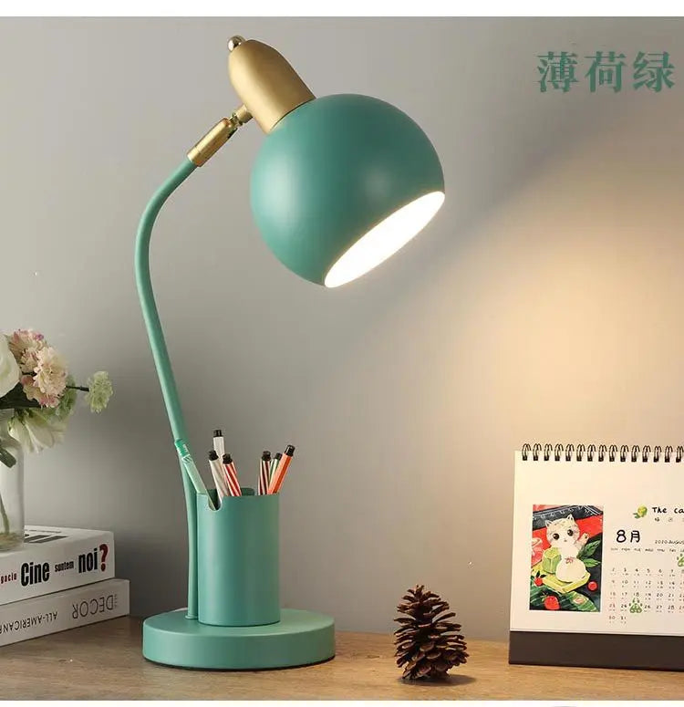 Nordic Iron Art LED Macaron Desk Lamp Eye Protection Dimming Metal Pen Holder Table Lamp Living Room Bedroom Home Decor Lighting