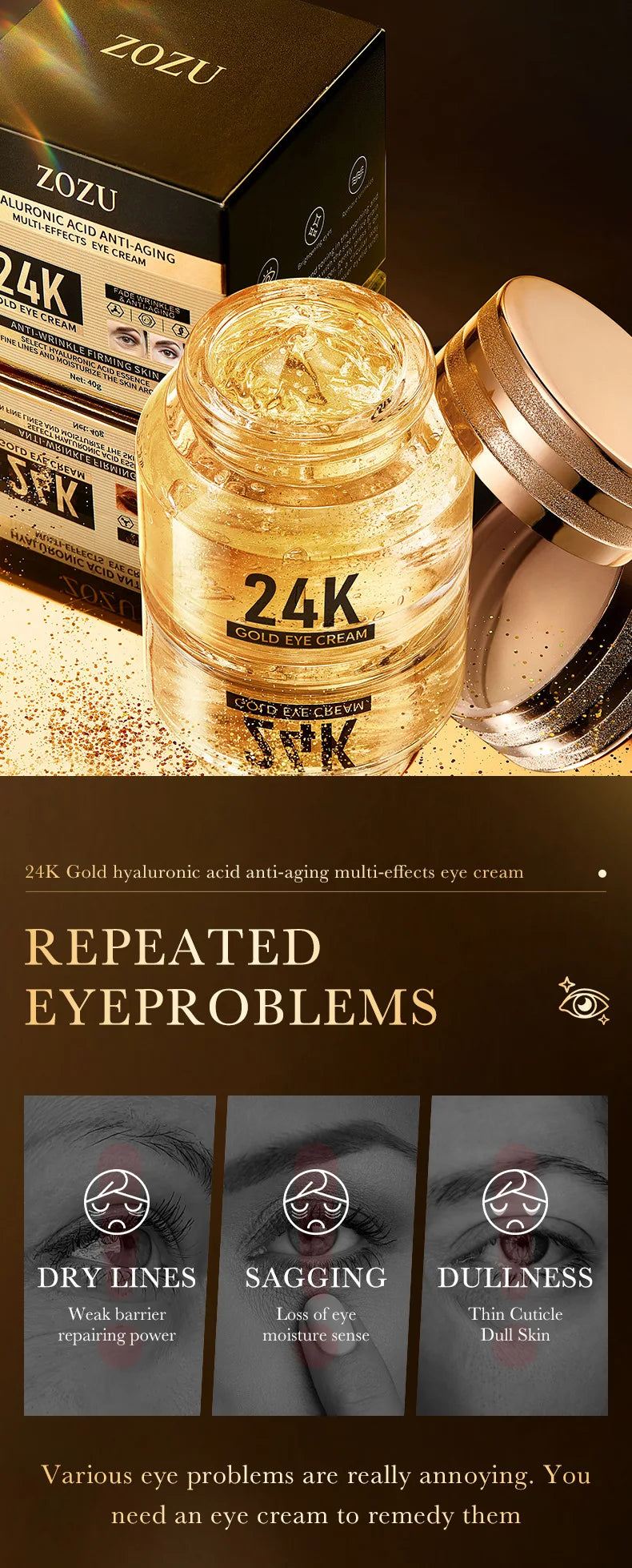 24k Gold Hyaluronic Acid Eye Cream Anti Dark Circles Eye Bags Firming Moisturizing Eyes Skin Care Prodcuts RELUX.STORE