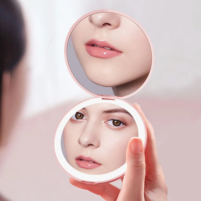 Personalized Small LED Light Cosmetic 2 Side Folding Makeup Compact Pocket Mirror Women Luminous Effect Pink White Mini Mirror