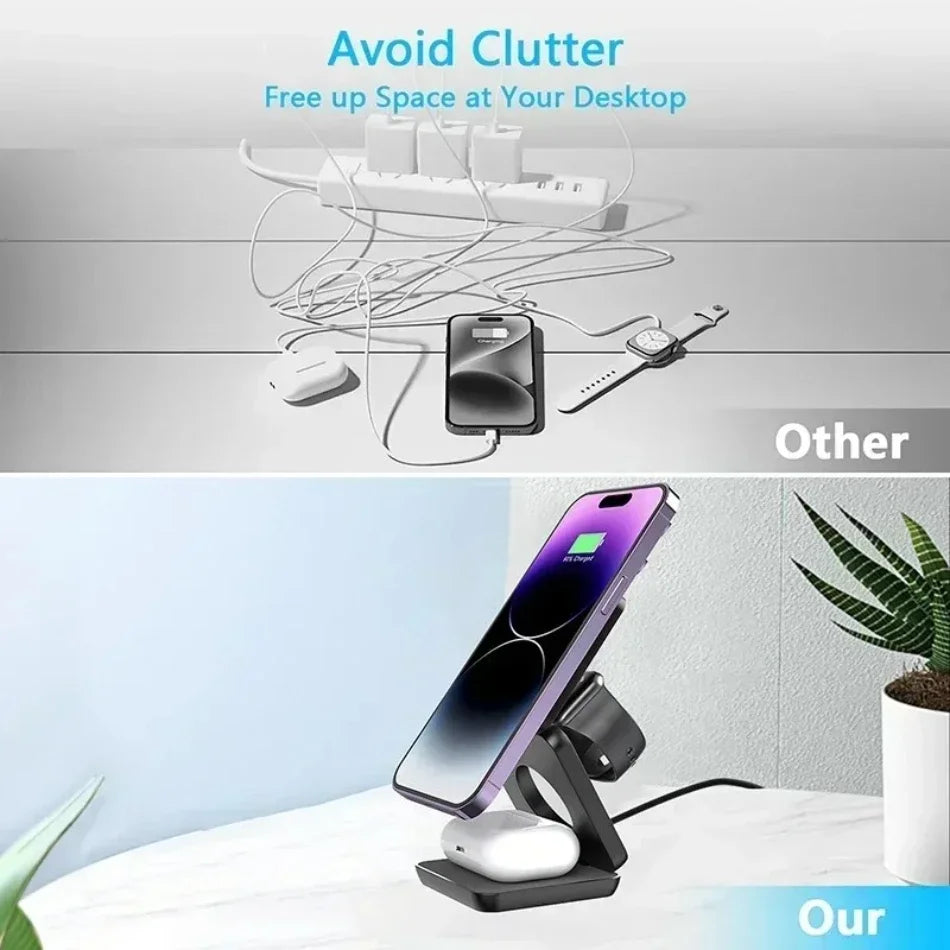 “3-in-1 Foldable Magnetic Wireless Charger Stand – Fast Charging Dock for iPhone 16/15/14/13 Pro Max, Apple Watch 10/9, & AirPods | Wireless Charging Station Holder”