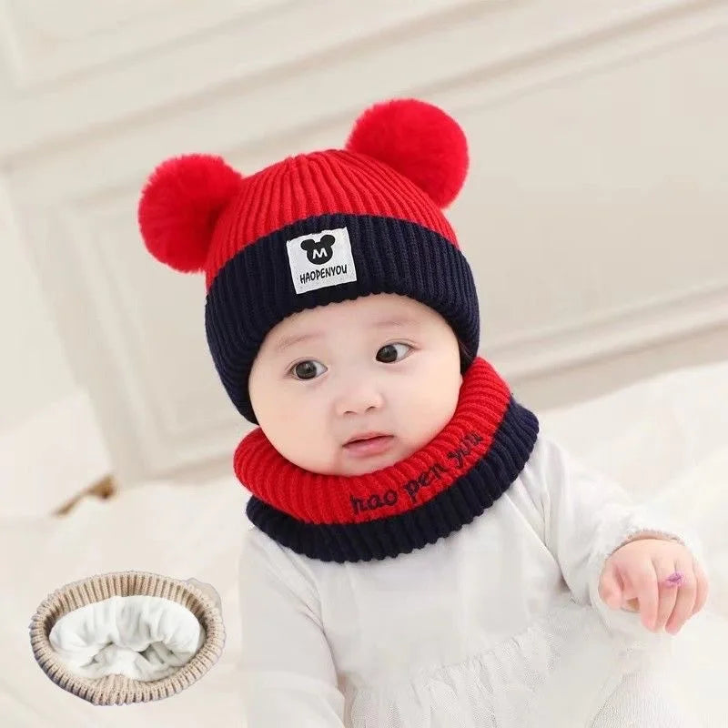 Cute Winter Warm Kids Girl Boys Baby Hats Fleece Wool Hemming Caps with Ball Solid Wool Ear Protection Hats Soft Newborn Bonnet