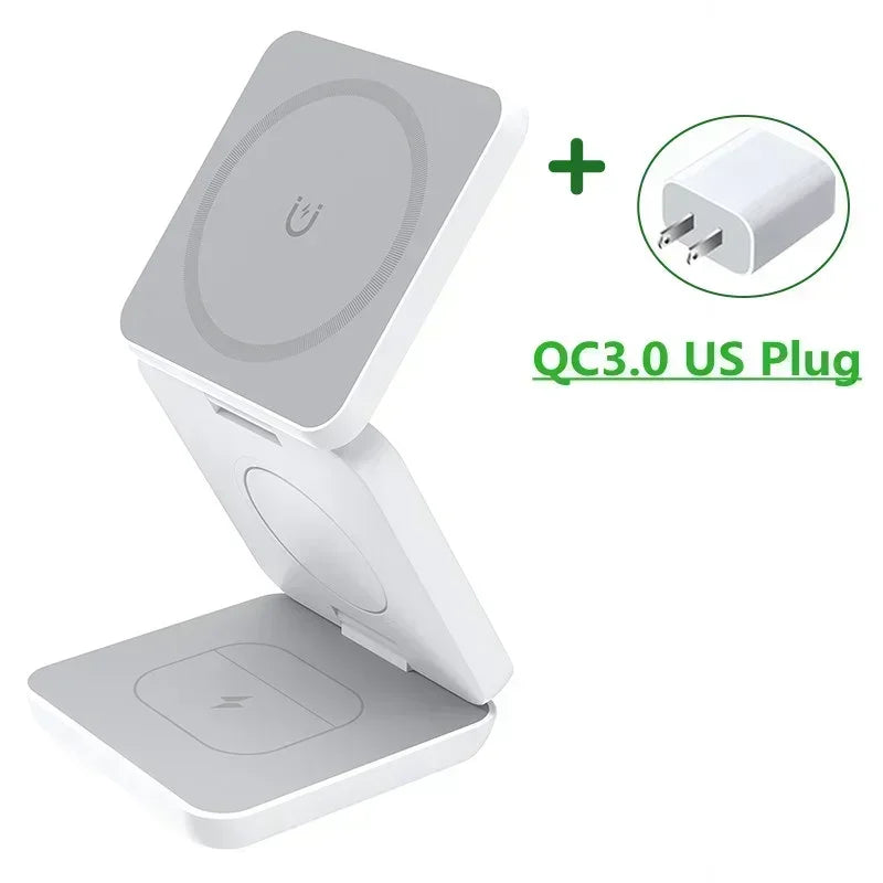 “3-in-1 Foldable Magnetic Wireless Charger Stand – Fast Charging Dock for iPhone 16/15/14/13 Pro Max, Apple Watch 10/9, & AirPods | Wireless Charging Station Holder”