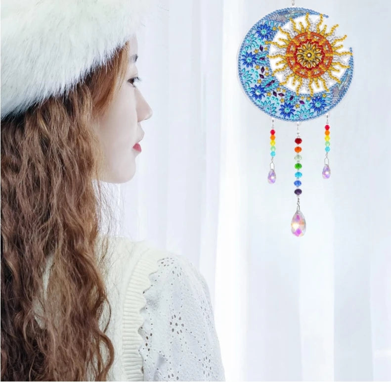 1 Acrylic Double-sided Super Flash Crystal Diamond Painting Captures Scenery Sun Moon Heart Tree Pattern DIY Wind Chimes
