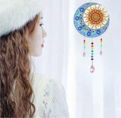 1 Acrylic Double-sided Super Flash Crystal Diamond Painting Captures Scenery Sun Moon Heart Tree Pattern DIY Wind Chimes