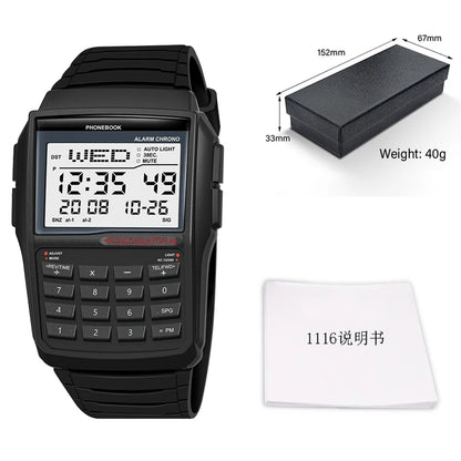 Computer Style Stainless Steel Strap Watch Men's Calculator Watch Multifunctional Led Watch Plastic Case Men's Watch Top Luxury