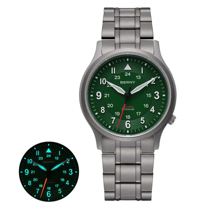 BERNY Titanium Watches for Men Classic Mens Field Pilot Watch Easy Read Outdoor Quartz Wristwatch Super Luminous Sapphire 5ATM