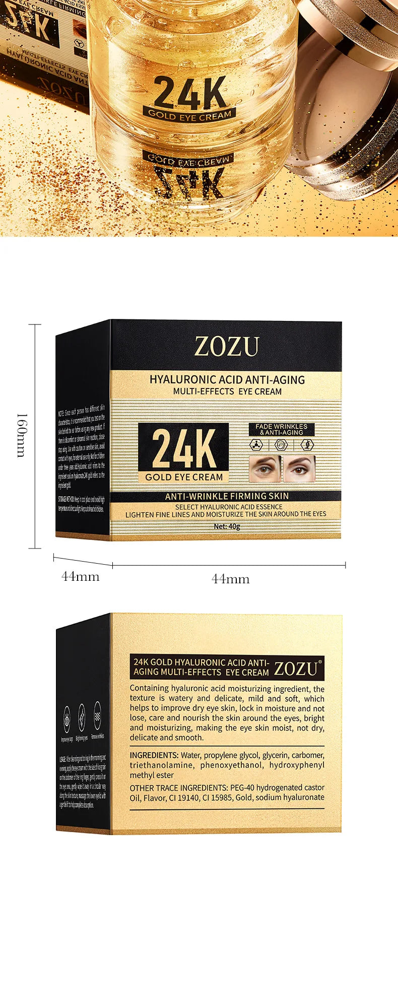 24k Gold Hyaluronic Acid Eye Cream Anti Dark Circles Eye Bags Firming Moisturizing Eyes Skin Care Prodcuts RELUX.STORE