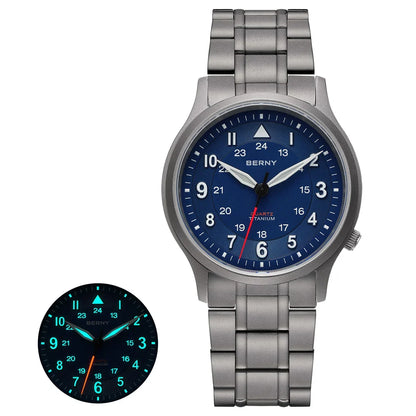 BERNY Titanium Watches for Men Classic Mens Field Pilot Watch Easy Read Outdoor Quartz Wristwatch Super Luminous Sapphire 5ATM