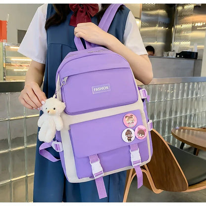 Five-Piece Set Large Capacity Fashionable Double Shoulder Backpack for Junior And High School Girls Primary School Students