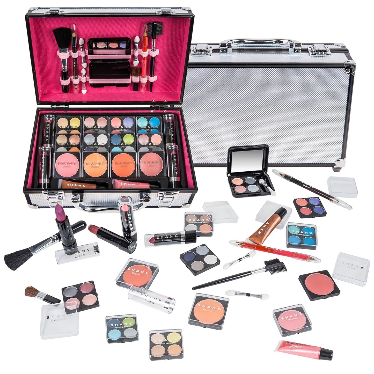 Carry All Make up Train Case with Pro Makeup Set, Beauty Brushes, Lipsticks, Eye Shadows, Blushes, Powders, and More - Reusable Cosmetics Storage Organizer - Premium Gift Packaging - Pink