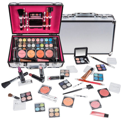 Carry All Make up Train Case with Pro Makeup Set, Beauty Brushes, Lipsticks, Eye Shadows, Blushes, Powders, and More - Reusable Cosmetics Storage Organizer - Premium Gift Packaging - Pink
