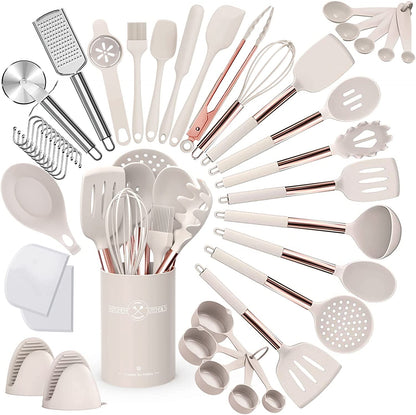 Silicone Kitchen Cooking Utensil Set, 43 Pcs Silicone Spatula with Stainless Steel Handle, Non-Stick Heat Resistant - Best Cookware (Grey)