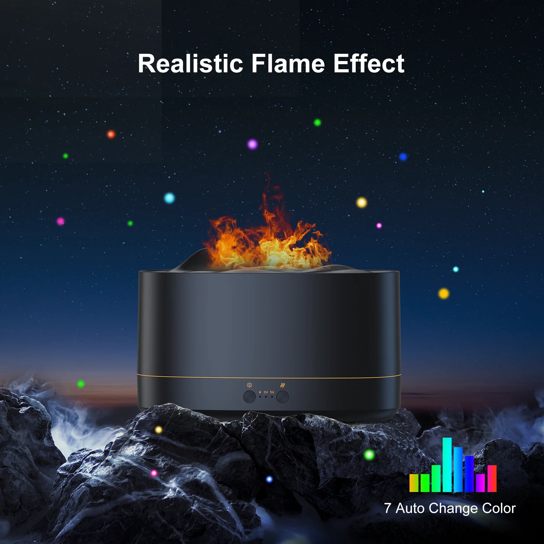 Essential Oil Diffuser & Humidifier – 200ml Flame Aroma Diffuser with 7 Color LED Lights & Timer | Aromatherapy Diffuser for Home, Bedroom & Office (Black)