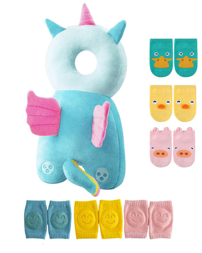 Toddler Baby Head Protector Backpack for Toddler Walker with Knee Pads&Anti-Slip Socks, Elephant