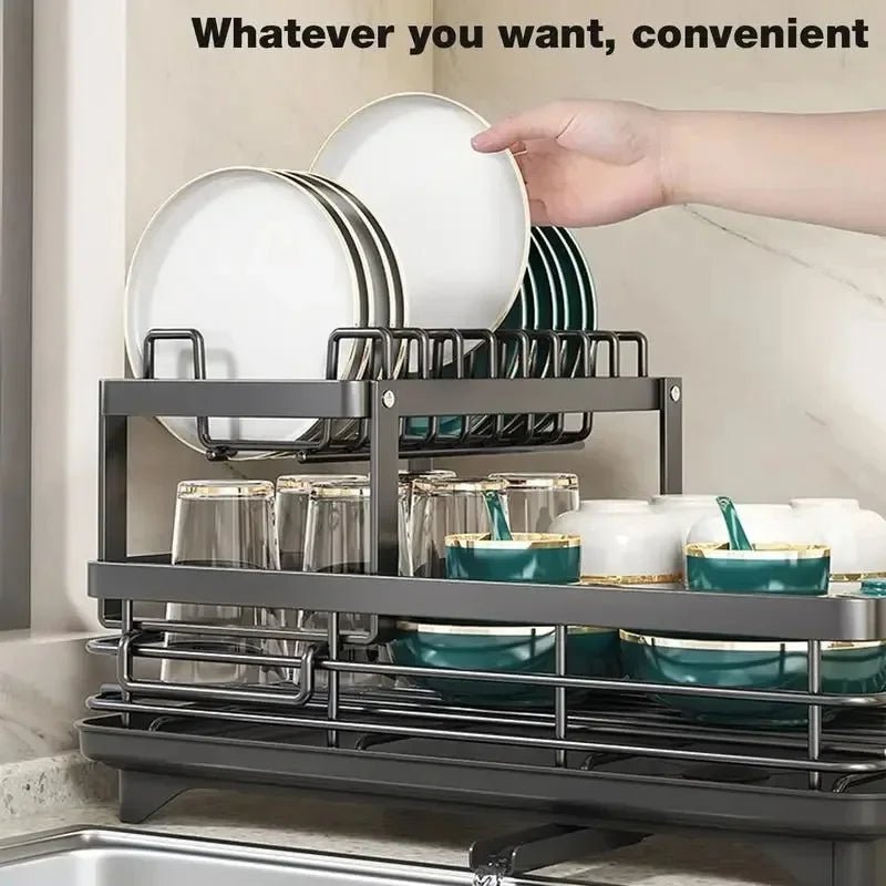 Adjustable Dish Drying Rack & Drainboard Organizer for Kitchen Plates, Over Sink Countertop, Cutlery Storage with Drain Rac - RELUX.STORE