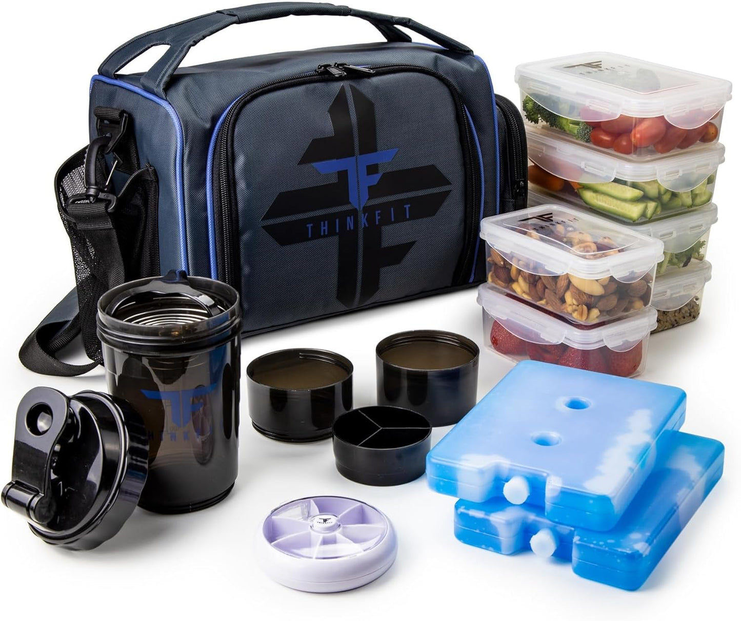 Insulated Meal Prep Lunch Box with 6 Food Portion Control Containers - Bpa-Free, Reusable, Microwavable, Freezer Safe - with Shaker Cup, Pill Organizer, Shoulder Strap & Side Pocket (Purple)