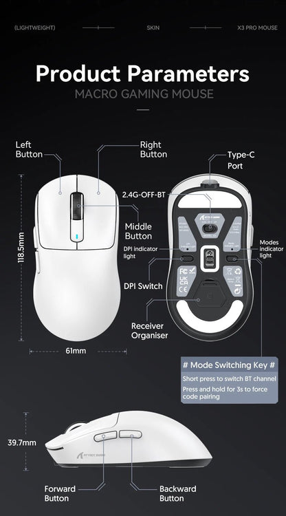 Attack Shark X3Pro X3 Wireless Mouse Lightweight PAW3395 26000dpi Tri - Mode Connection Macro Gaming Mouse for Win/Xbox/PS/Mac - RELUX.STORE