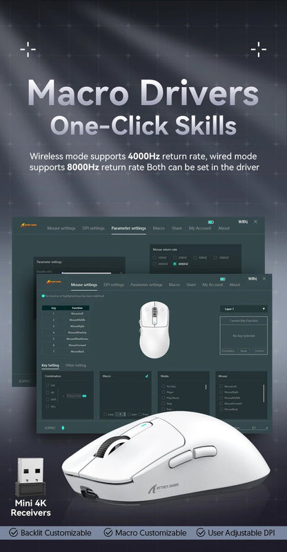 Attack Shark X3Pro X3 Wireless Mouse Lightweight PAW3395 26000dpi Tri - Mode Connection Macro Gaming Mouse for Win/Xbox/PS/Mac - RELUX.STORE