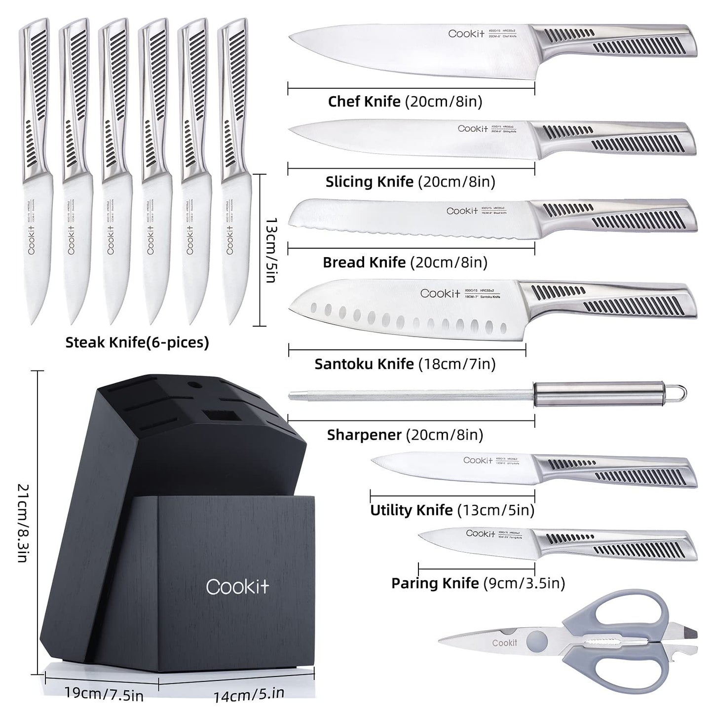 n-Slip German StainlessKitchen Knife Set, 15 Piece Knife Sets with Block, Chef Knives with No Steel Hollow Handle Cutlery Set with Multifunctional Scissors Knife Sharpener  Amazon Platform Banned