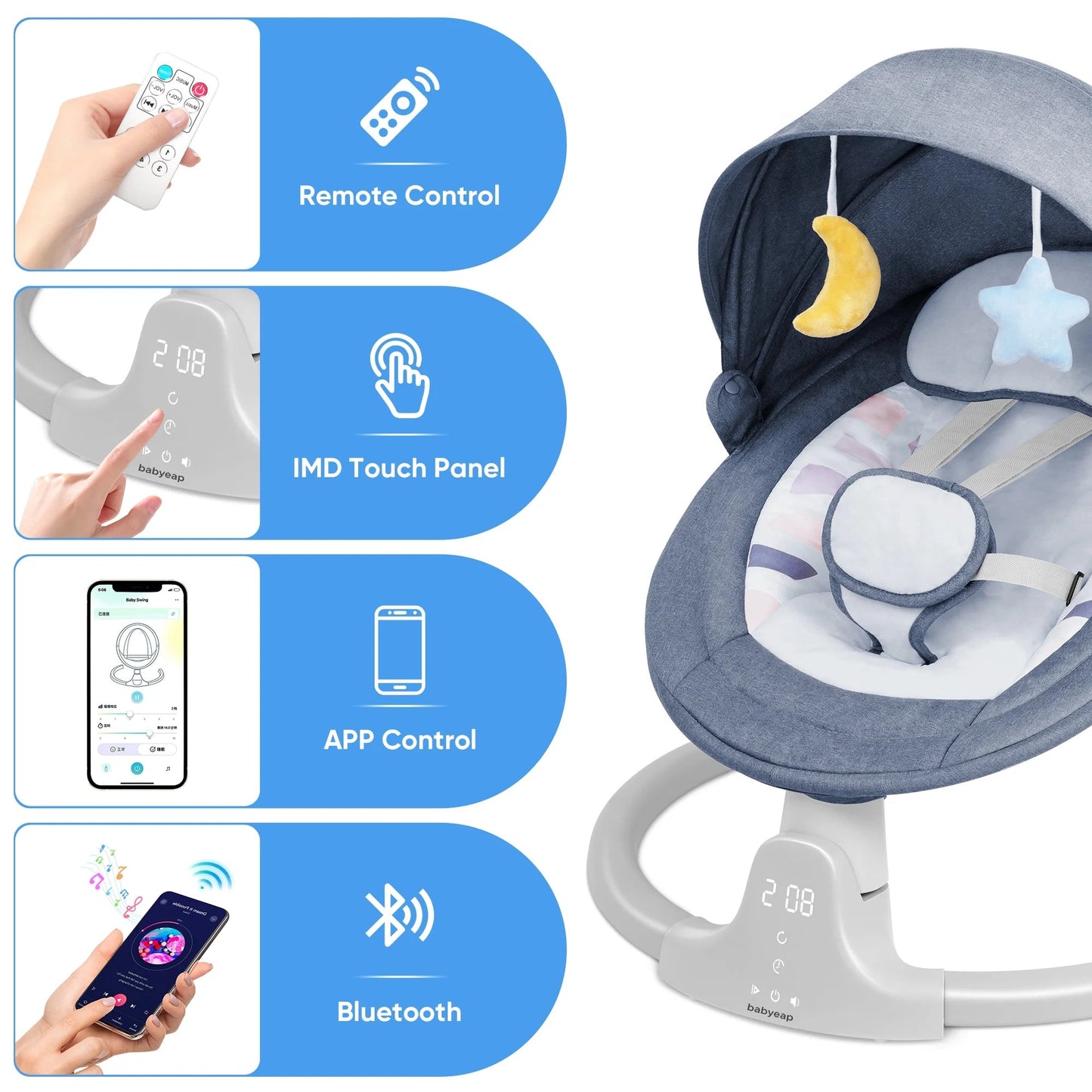 Baby Swing for Infants - APP Remote Bluetooth Control, 5 Speed Settings, 10 Lullabies, USB Plug (Blue) - RELUX.STORE