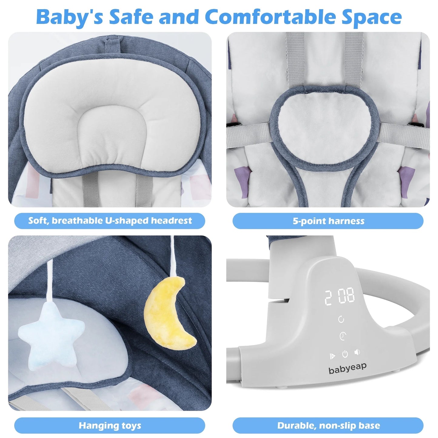 Baby Swing for Infants - APP Remote Bluetooth Control, 5 Speed Settings, 10 Lullabies, USB Plug (Blue) - RELUX.STORE