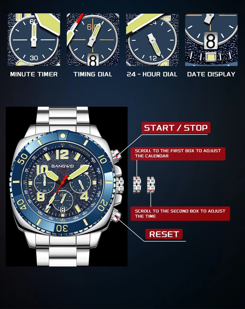 BANGWEI 2025 Luxury Watches Men Fashion Sports Quartz Wristwatches 30M Waterproof Luminous Chronograph Mens Watch Reloj Hombre - RELUX.STORE