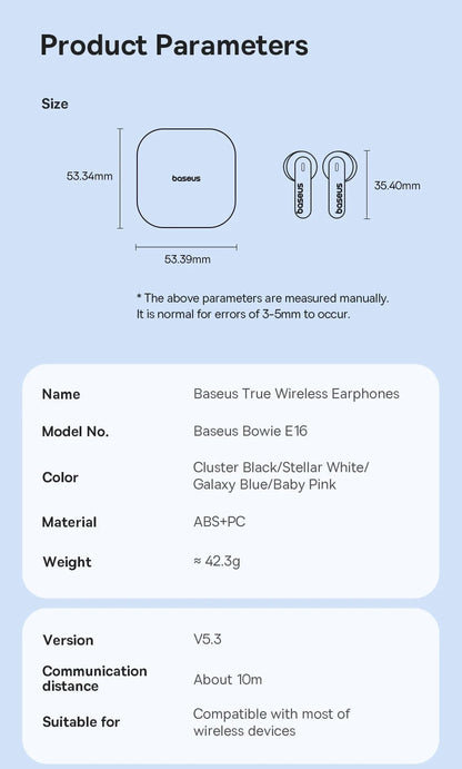 Baseus Bowie E16 Wireless Earphones Bluetooth 5.3 TWS Earbuds IPX4 Waterproof Earphone 30H Playtime 13mm Driver HIFI Headphones - RELUX.STORE