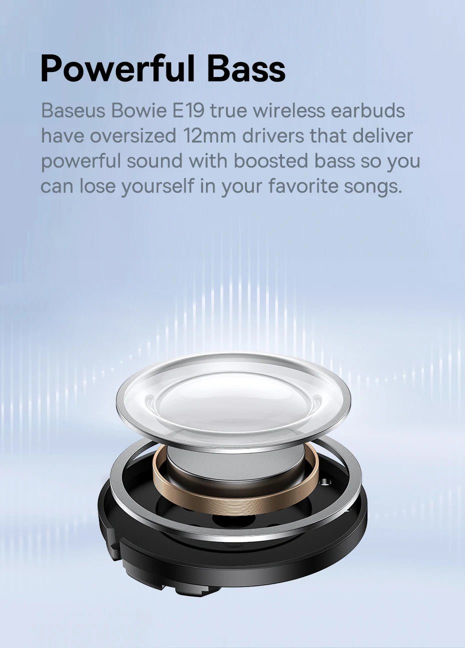 "Baseus Bowie E19 Wireless Earphones – Bluetooth 5.3, Big Bass 12mm Drivers, IPX5 Waterproof, 33H Battery Life Earbuds" - RELUX.STORE