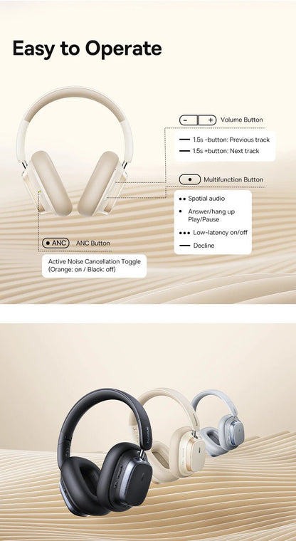🎧 Baseus Bowie H1s Wireless Over - Ear Headphones – Hi - Res Spatial Audio & 46dB Noise Cancelling 🎶 - RELUX.STORE