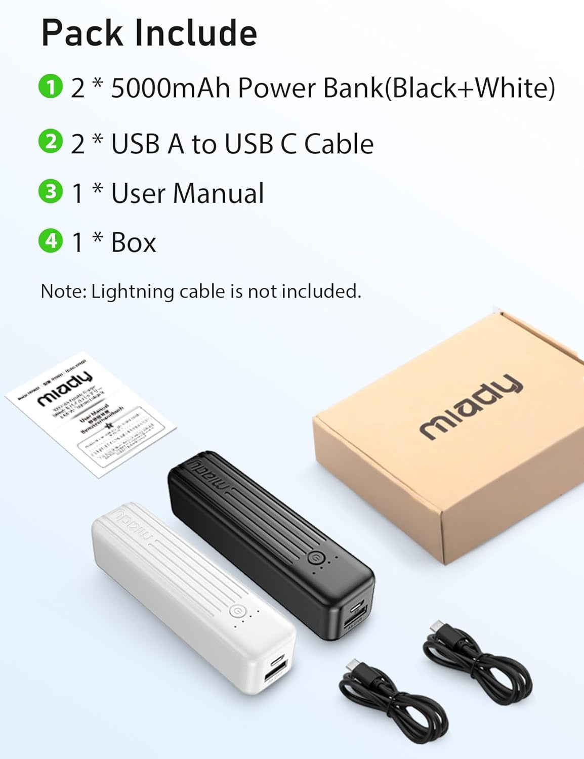2-Pack Portable Mini Power Bank – 5000mAh Lightweight Charger, 5V/2.4A Output & 5V/2A Input | Compact USB Battery Pack for iPhone, Samsung Galaxy & Android Devices