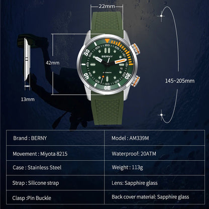 BERNY 20Bar Diver Men Mechanical Watch Miyota 8215 Super Luminous Sapphire Swiming Automatic Self Wind Silicone Men Wristwatch - RELUX.STORE