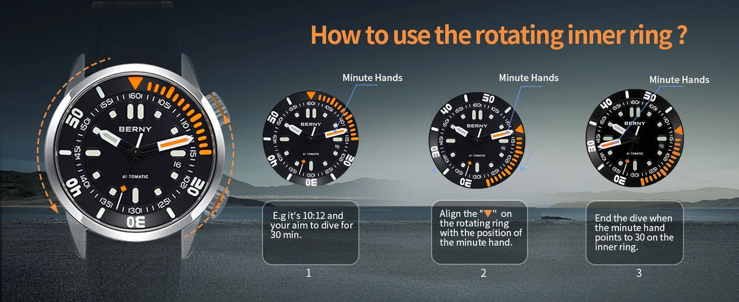 BERNY 20Bar Diver Men Mechanical Watch Miyota 8215 Super Luminous Sapphire Swiming Automatic Self Wind Silicone Men Wristwatch - RELUX.STORE