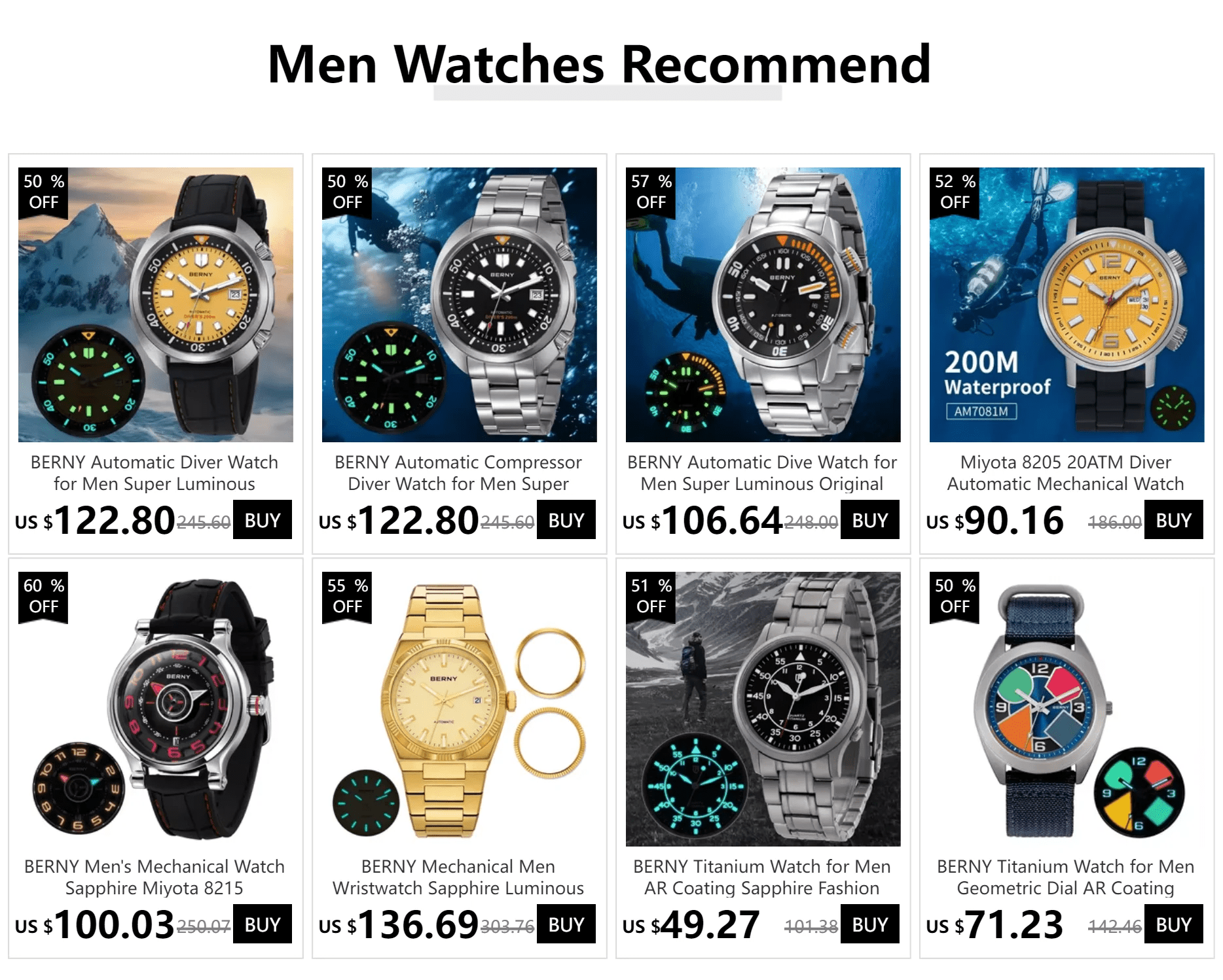 BERNY 20Bar Diver Men Mechanical Watch Miyota 8215 Super Luminous Sapphire Swiming Automatic Self Wind Silicone Men Wristwatch - RELUX.STORE