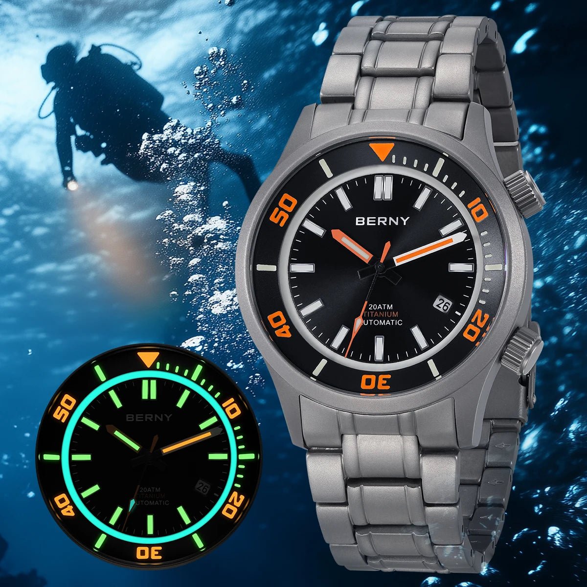 BERNY Automatic Titanium Diver Watch for Men Supper Luminous Sappire AR coated Miyota 8215 20ATM Mechanical Diving Men's Watches - RELUX.STORE