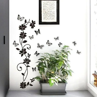 Black Flower Vine 3D Butterfly Wall Sticker Background Wall Bedroom Room Decoration Removable Wall Sticker - RELUX.STORE
