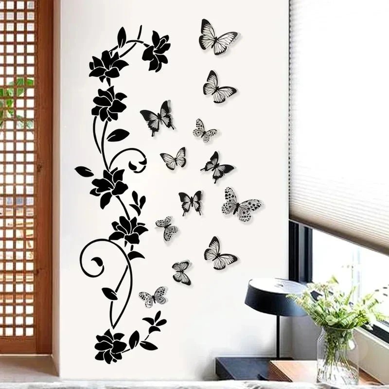 Black Flower Vine 3D Butterfly Wall Sticker Background Wall Bedroom Room Decoration Removable Wall Sticker - RELUX.STORE