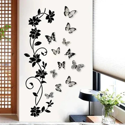 Black Flower Vine 3D Butterfly Wall Sticker Background Wall Bedroom Room Decoration Removable Wall Sticker - RELUX.STORE