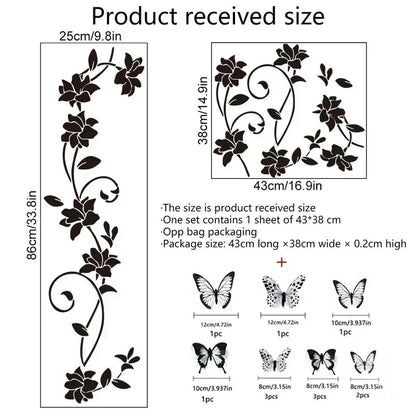 Black Flower Vine 3D Butterfly Wall Sticker Background Wall Bedroom Room Decoration Removable Wall Sticker - RELUX.STORE