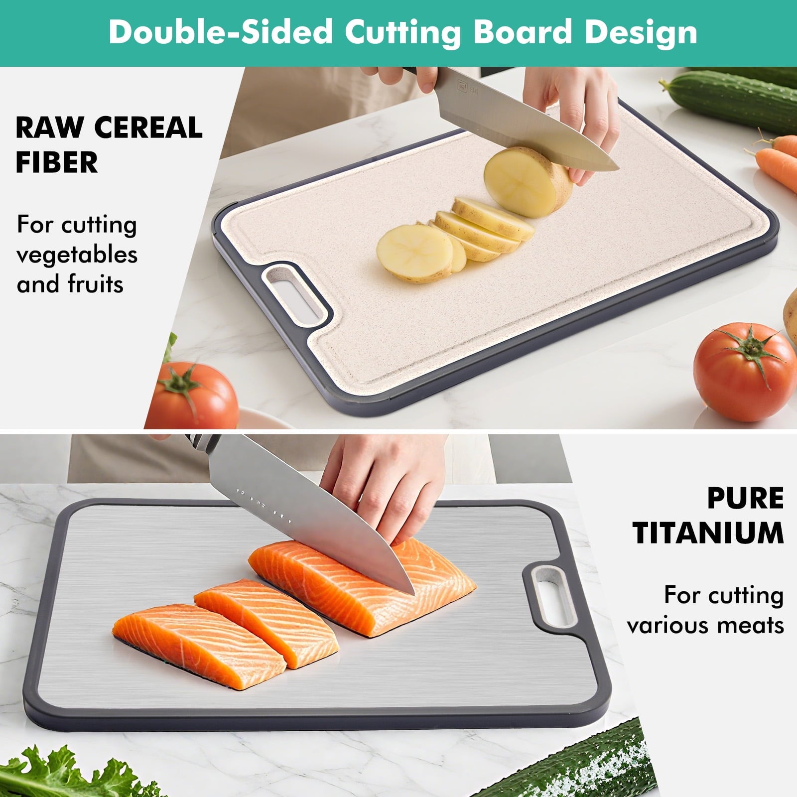 Premium Titanium Cutting Board for Kitchen – Extra Large 16”×11” Double-Sided Chopping Board | Food-Grade Pure Titanium & Wheat Straw PP | Durable, Dishwasher Safe, Easy to Clean