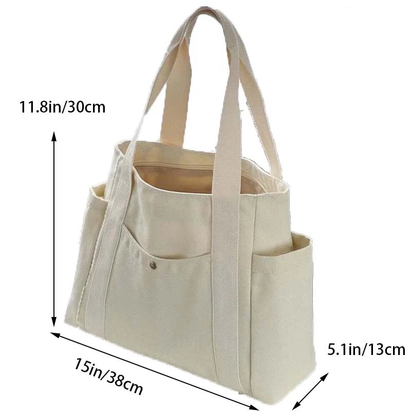 Canvas Women's Shoulder Bag Large Capacity Multiple Outer Pocket Zipper Tote Bag Student Handbag Shopping - RELUX.STORE
