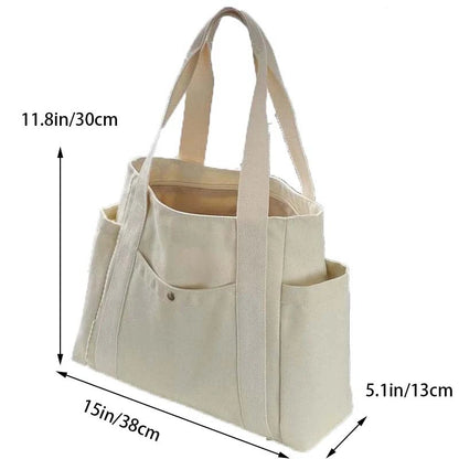 Canvas Women's Shoulder Bag Large Capacity Multiple Outer Pocket Zipper Tote Bag Student Handbag Shopping - RELUX.STORE