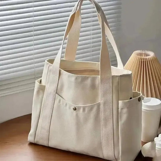 Canvas Women's Shoulder Bag Large Capacity Multiple Outer Pocket Zipper Tote Bag Student Handbag Shopping - RELUX.STORE